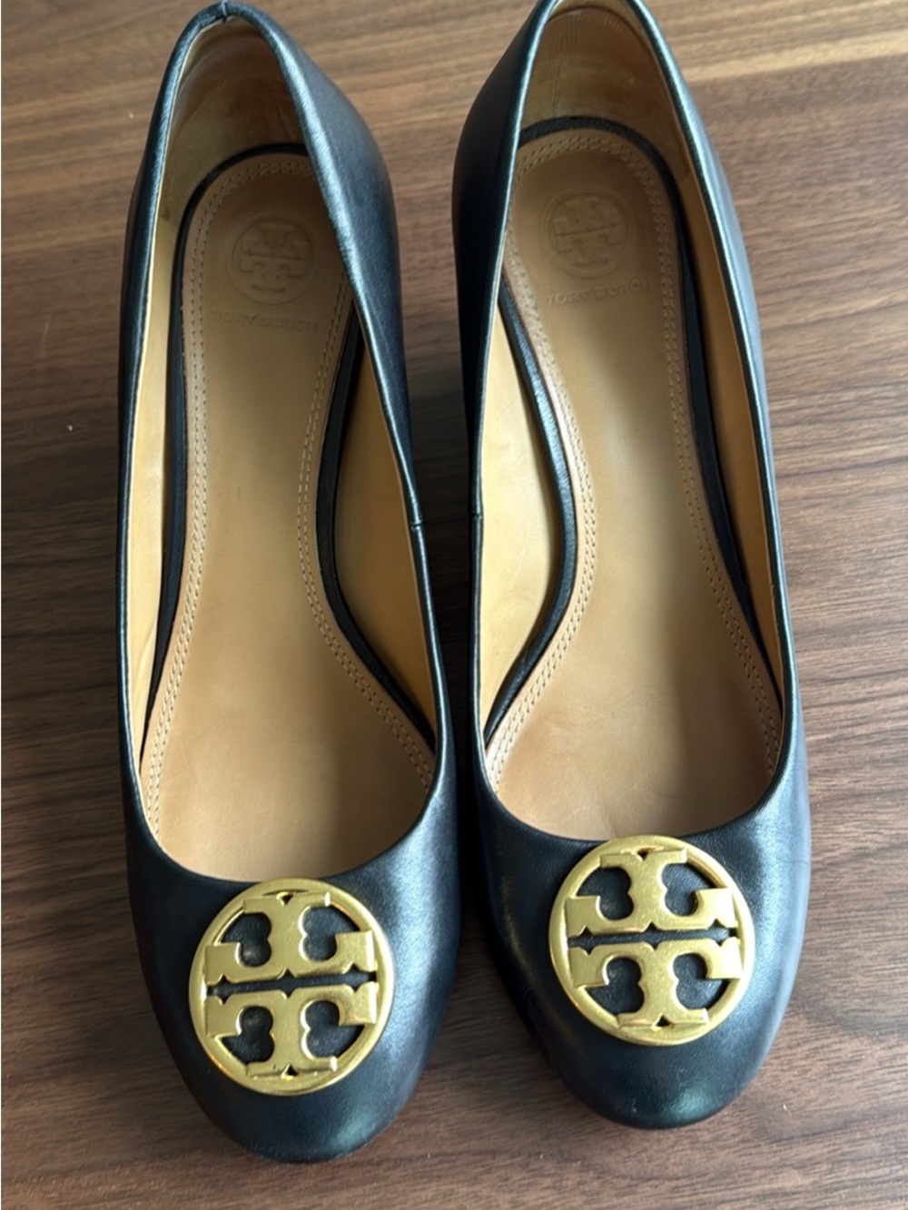 Tory Burch Black Leather Wedges with Gold Logo Medallion